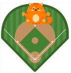 A cartoonish orange cat sitting on home plate of a baseball diamond, with green grass background.