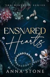 Book cover for 'Ensnared Hearts' by Anna Stone, featuring elegant pearls, flowers, and dark blue background.