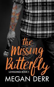 Book cover of 'The Missing Butterfly' by Megan Derr, featuring a man holding a microphone with tattoos visible on his arm, dressed in a plaid shirt.