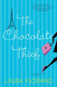 Book cover of 'The Chocolate Thief' by Laura Florand featuring a silhouette of a woman with a pink handbag and the Eiffel Tower illustration on a blue striped background.